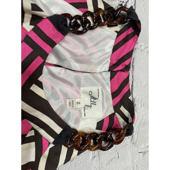 Milly of New York black & Pink Geometric Silk Tank Tortoise Shell Links Size 2. - Picture 3 of 7